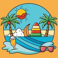 A cartoon illustration of a beach scene with palm trees and a sailboat vector