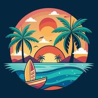 A tropical sunset with palm trees and a boat vector