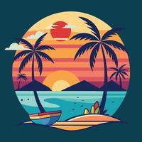 Tropical sunset with palm trees and boats on the beach vector