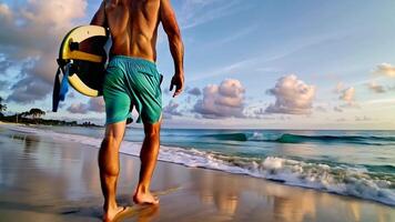 Surfer Walking Along the Beach Scene with Reflection Footage video