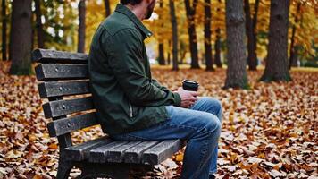 Man Sitting on Park Bench Enjoying Coffee in Autumn Scene Footage video