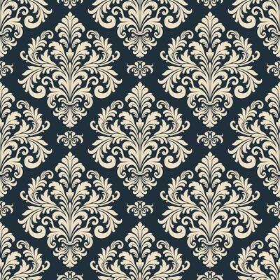 Seamless vintage damask pattern with intricate floral ornaments on a dark background, ideal for wallpapers, fabrics, luxury decor, and elegant designs.