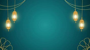 Looping Animation Of Simple Islamic Backdrop Decorated With Glowing Lanterns And Rosette Ornaments on Horizontal Teal Background Design video