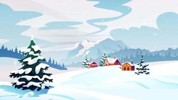 Carton snowy house winter landscape with snow flakes fall scene 2d animation parallax effect motion. video