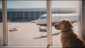 A dog is sitting in front of an airplane video