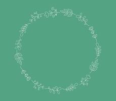 Set of simple drawings of plants, flowers, branches, leaves. Round frame, plant border. Hand drawn linear icons. Background, place for text. vector