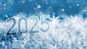 year 2025 is written in snowflakes on a blue background video