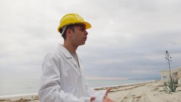 Engineer Angry About Bad Work Done By Workers Nervously Scolding Them On Beach video