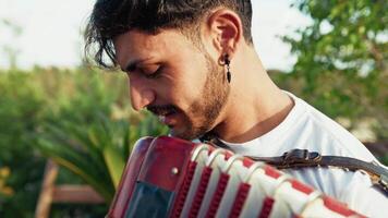 Smiling Accordionist Entertaining in Sunny Meadow video