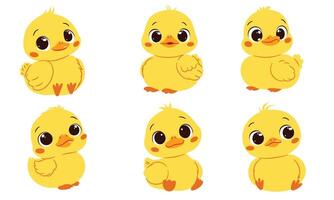 A set of flat illustrations in cute childish style. Cute ducklings in different poses with big cute eyes vector