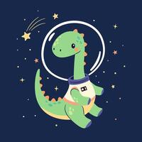 Cute kind dinosaur flying in a spacesuit in space, flat illustration in simple child style, white background vector