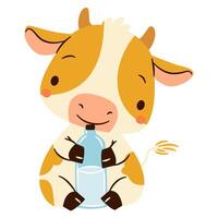 Flat illustration in a simple children's style. Cute calf sitting with a bottle of milk vector