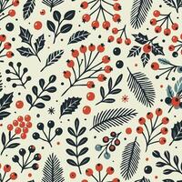 Christmas pattern with berries and leaves vector