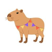 Funny festive capybara stands in garland. Cute capibara with flags for holiday greeting card, invitation, banner. Birthday character. Flat illustration isolated on white background vector