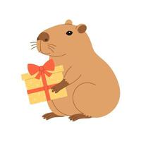 Funny festive capybara sits with gift box. Cute capibara with present for holiday greeting card, invitation, banner. Birthday character. Flat illustration isolated on white background vector