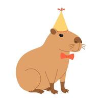 Funny festive capybara sits in party hat and bow tie. Cute capibara for holiday greeting card, invitation, banner. Birthday character. Flat illustration isolated on white background vector