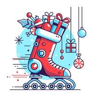 Roller skates in the form of a Christmas stocking filled with gifts and decorated with futuristic balls. vector