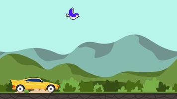 A yellow sports car drives smoothly along a winding road surrounded by lush mountains and greenery. A small blue bird flies overhead, adding charm to the serene view. video