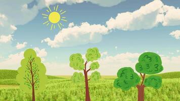 Bright sunny day with animated trees swaying in the breeze under a blue sky in a peaceful landscape video