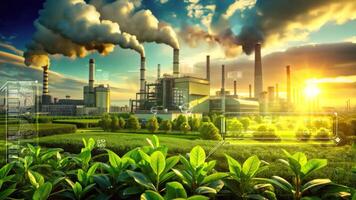 Industrial factory emitting pollution with green tech data analysis at sunset video