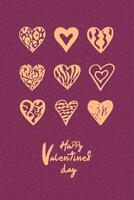 Minimalist Valentine's card design. Gold hearts drawn by hand on a textured purple background. vector