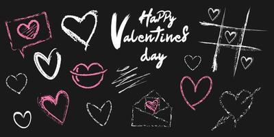 A set of chalk painted Valentine's Day elements. Hearts, lips, speech bubble, envelope, congratulatory text vector