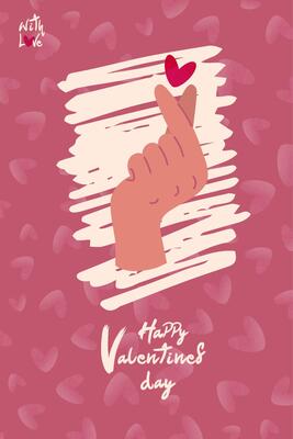 Design for Valentine's card. Hand gesture - heart, I love. Background - watercolor textures.