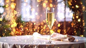 A glass of sparkling champagne on the table in the restaurant video