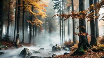 A gloomy autumn forest in a thick fog video