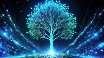 A glowing holographic tree among shimmering threads on a dark background video