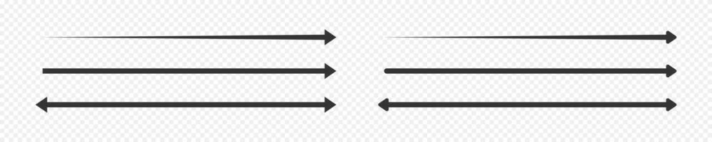 Long straight arrow icons. Black horizontal pointer, direction, transfer, position or location and width signs vector