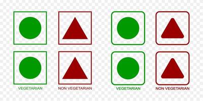 Vegetarian and non-vegetarian icons. Vegan food labels. Green circle and red triangles in squares vector