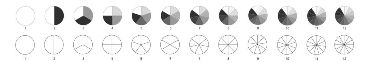 Circle divides on equal parts from 1 to 12. Donut or pie chart templates. Round shapes cut in slices. Set of wheel diagrams with segments vector