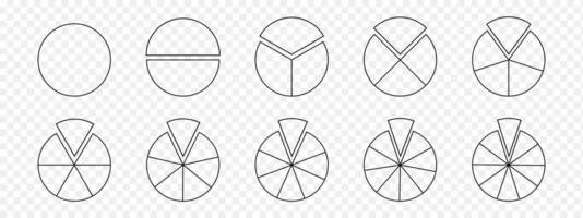 Set of donut or pie charts with separated fragments. Circle divides on equal parts from 1 to 10. Round shapes cut in slices vector