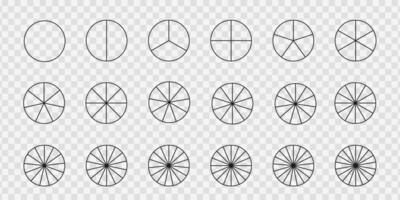 Simple donut or pie chart templates. Circles divides into equal parts from 1 to 18. Round shapes cut in slices. Set of graphic wheel diagrams with sectors. vector