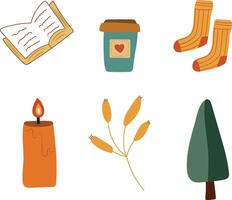 Set of cozy elements, coffee, socks, book and tree vector