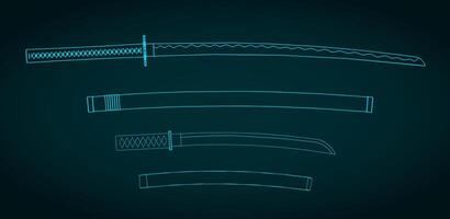 Japanese swords blueprints illustration vector