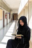 A beautiful Muslim students are intently reading Quran in the school building during breaks time in university with sun fare and blurred background. photo