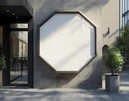 front view of giant Blank hexagon store, company signage for customer design in a city photo