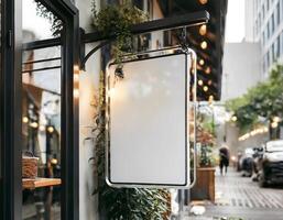 Closeup and perspective view of acrylic-white blank square store signage design hang on building photo