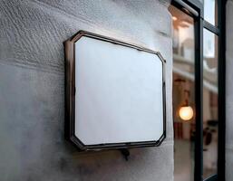 Closeup and perspective view of white blank square store signage design on store building photo