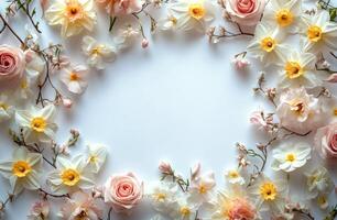 Fresh spring flowers arranged in a circular pattern on a white background perfect for invitations or decorations photo