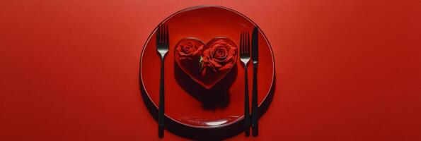 Romantic dinner setting with red heart shaped dessert and rose on a plate in warm lighting photo