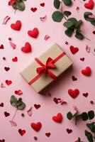 Gift box wrapped in red ribbon surrounded by red hearts and rose petals on a pink background creating a festive photo
