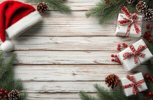 Holiday decorations featuring Christmas gifts and ornaments displayed on a festive white background with a Santa photo