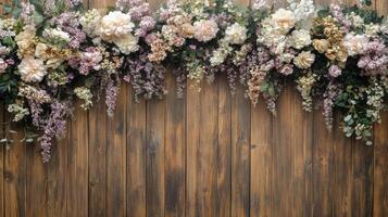 Colorful floral arrangement on wooden wall, showcasing a variety of flowers in soft hues, ideal for decoration photo