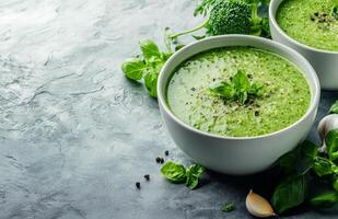 Fresh green basil soup in two bowls garnished with broccolini and garlic on a light grey surface surrounded by photo