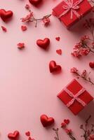 Gift box wrapped in red ribbon surrounded by red hearts and rose petals on a pink background creating a festive photo