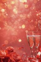 Celebration with sparkling drinks, roses, and festive decorations for a romantic occasion with vibrant colors photo