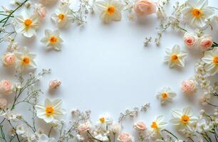 Fresh spring flowers arranged in a circular pattern on a white background perfect for invitations or decorations photo